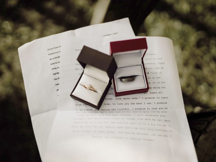 Wedding rings sitting on top of wedding vows